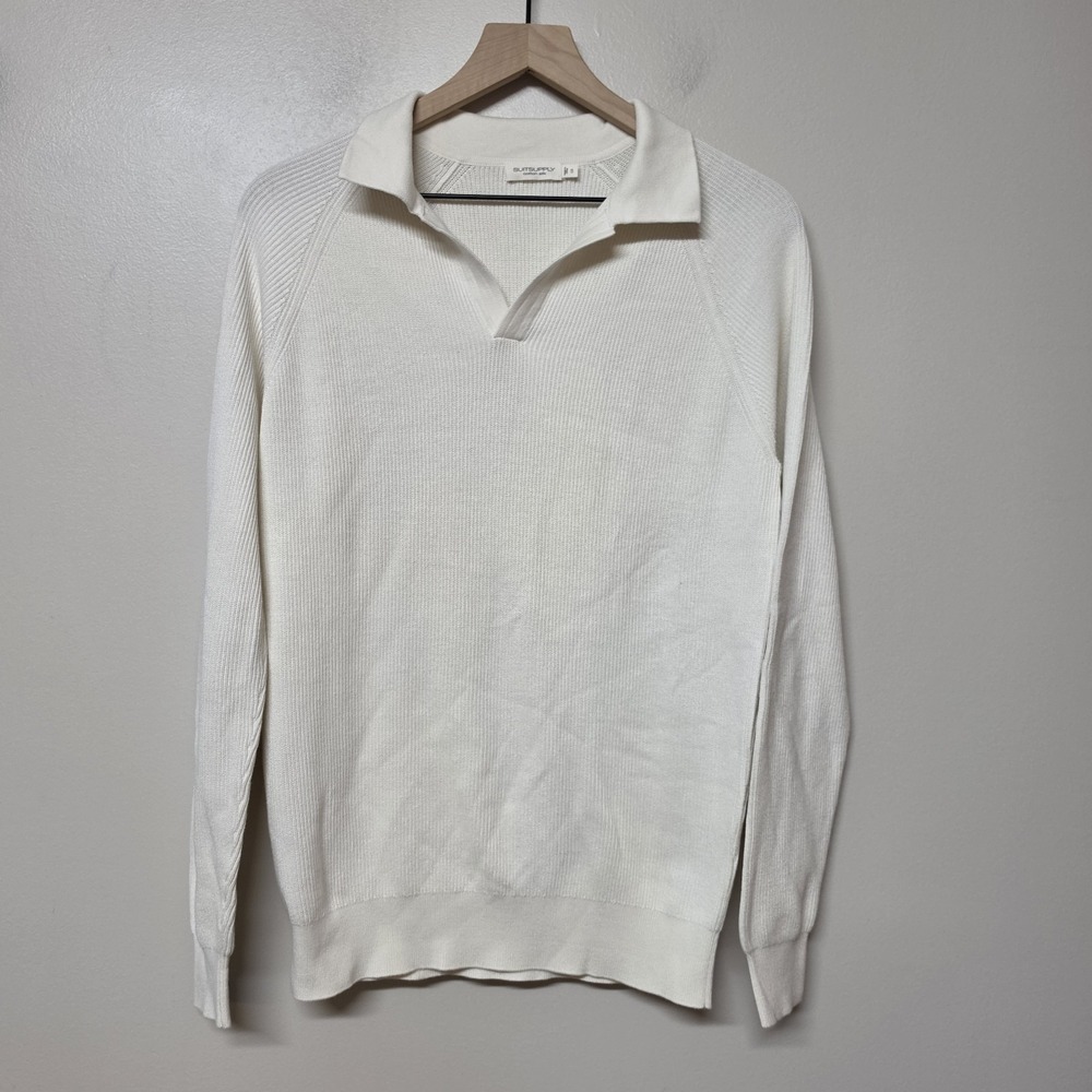 Suitsupply Cotton Silk Ribbed Knit Polo Sweater Mens S Ivory Cream Long Sleeve